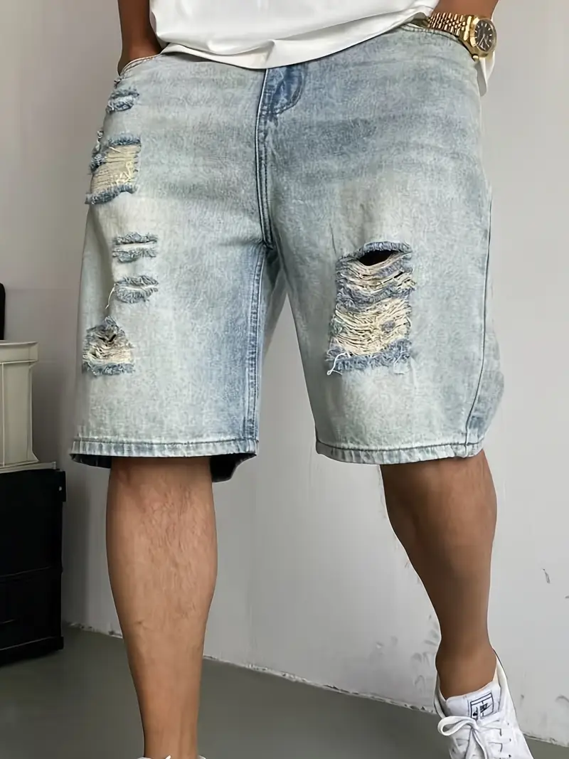 Men's Vintage Distressed Washed Blue Denim Shorts with Frayed Hem